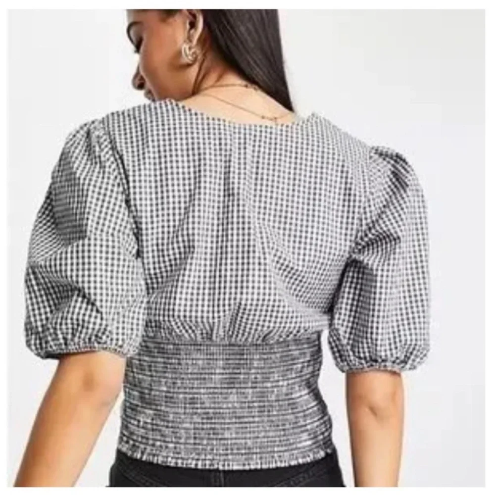 Abercrombie & Buffalo Plaid Black and White Gingham Puff Sleeve Crop Top XS EUC